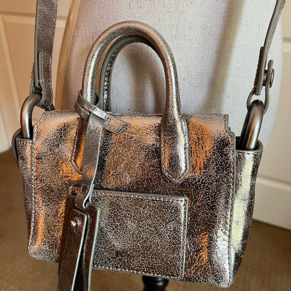 J Crew Harper Silver Metallic Leather Mini Satchel with Crossbody Strap + Tag